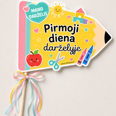 PDF vėliavėlė „Pirmoji diena darželyje“ – spalvingas pieštuko formos šablonas vaikų pirmosios dienos darželyje nuotraukoms.