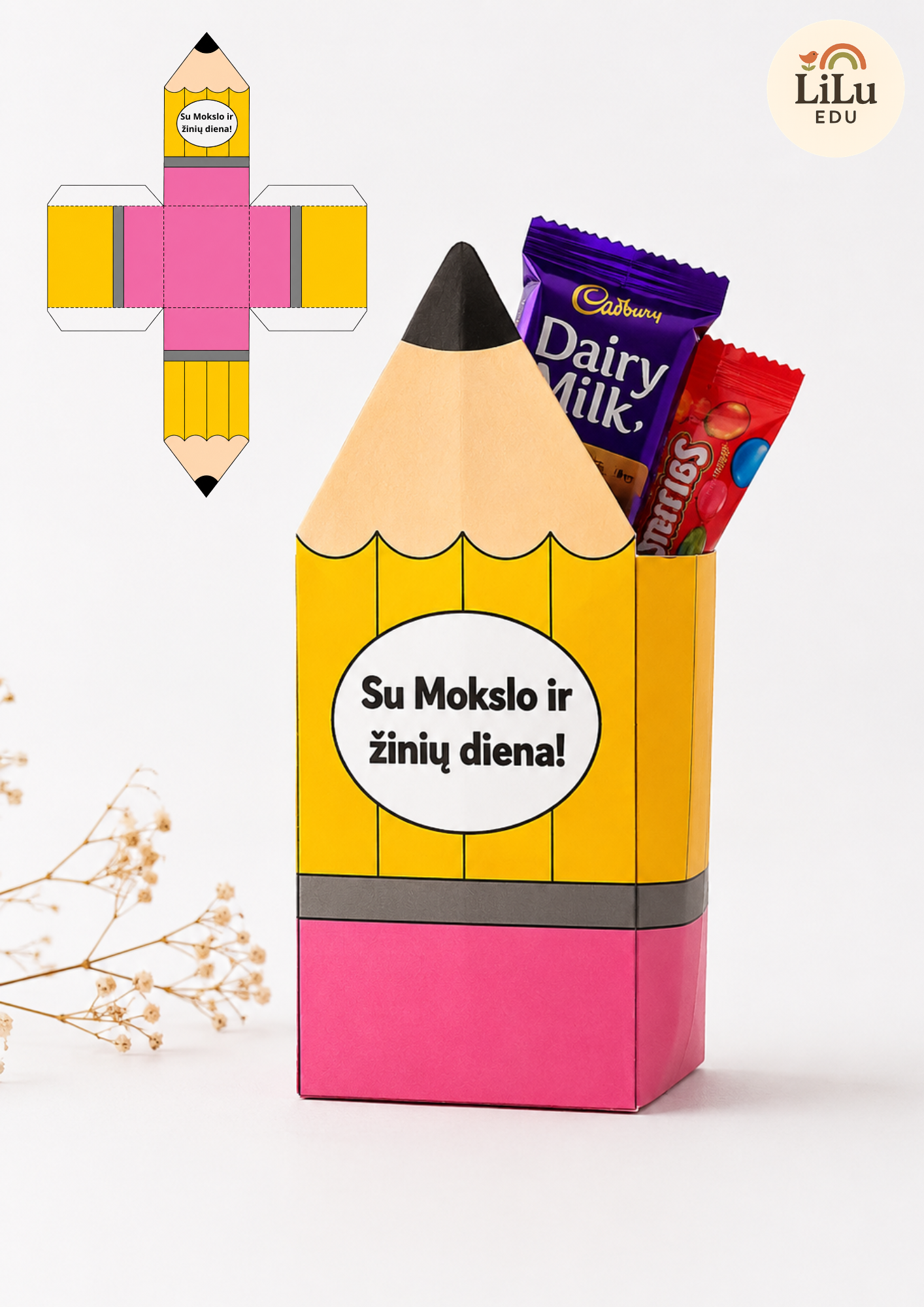 Pieštuko formos dėžutės iškarpa „Su Mokslo ir žinių diena!“ – Rugsėjo 1-osios staigmenoms vaikams.