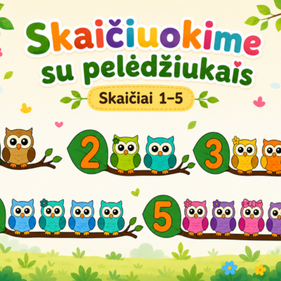 Edukacinė priemonė vaikams „Skaičiuokime su pelėdžiukais“ – skaičiai nuo 1 iki 5 ir atitinkamas pelėdžiukų kiekis.
