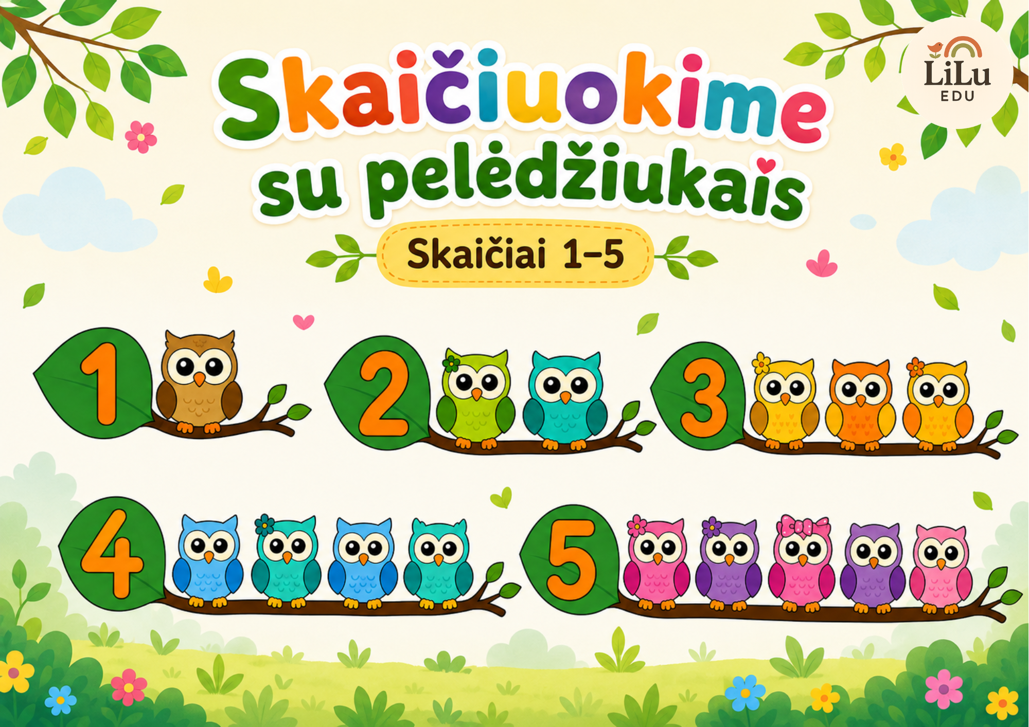 Edukacinė priemonė vaikams „Skaičiuokime su pelėdžiukais“ – skaičiai nuo 1 iki 5 ir atitinkamas pelėdžiukų kiekis.