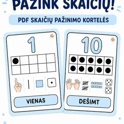 PDF priemonė „PAŽINK SKAIČIŲ!“ – vaizdinės skaičių pažinimo kortelės nuo 1 iki 10 vaikams.