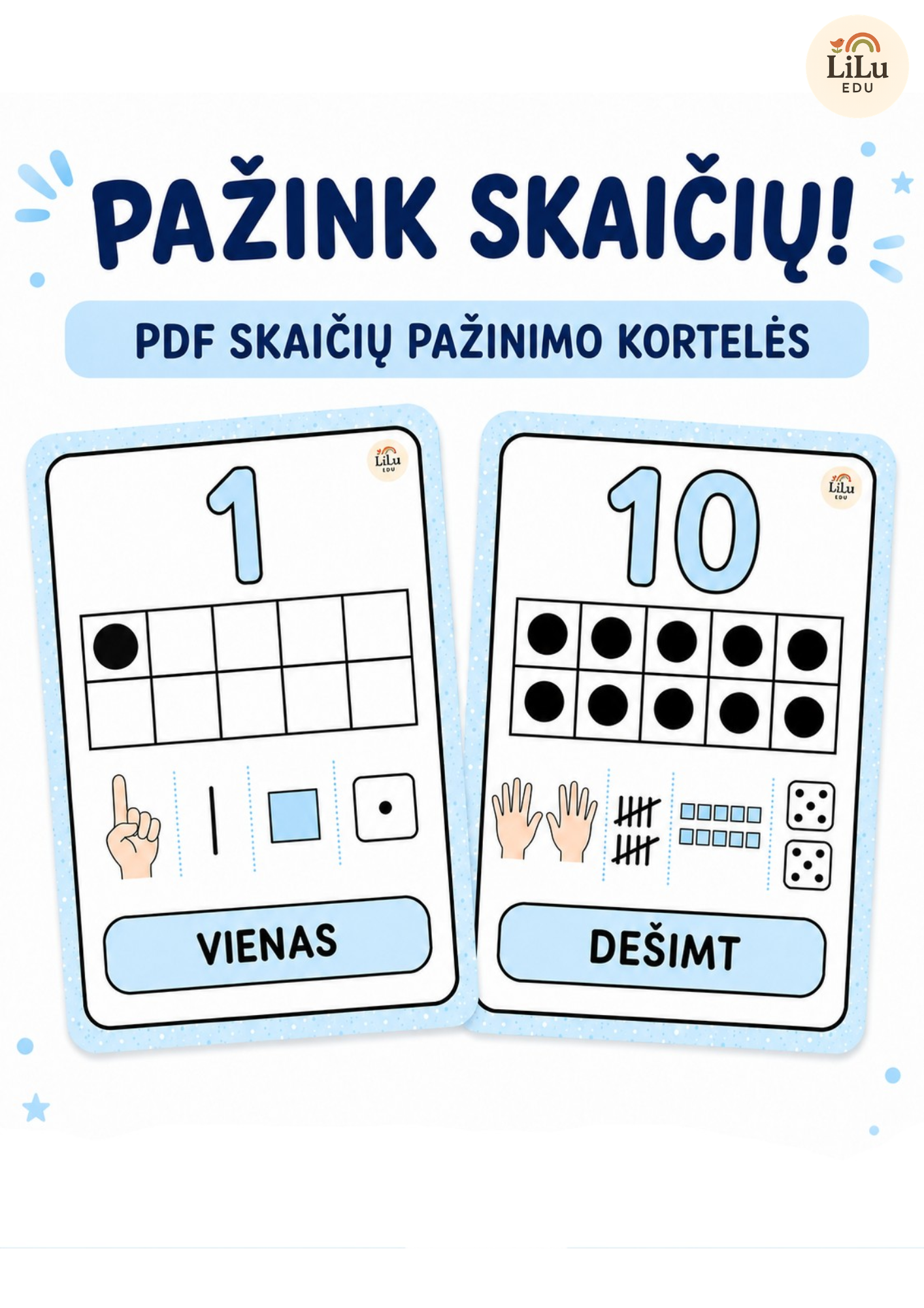 PDF priemonė „PAŽINK SKAIČIŲ!“ – vaizdinės skaičių pažinimo kortelės nuo 1 iki 10 vaikams.