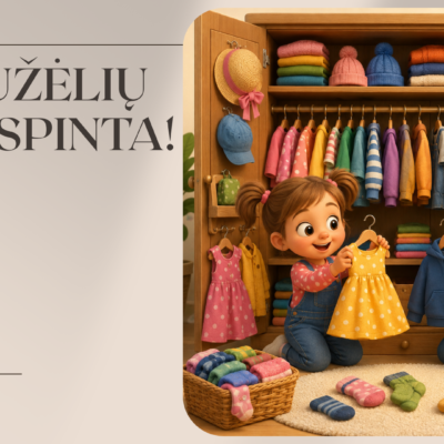 Skaidrės „Drabužėlių pilna spinta“ – žaisminga ugdomoji priemonė 3–6 metų vaikams apie drabužius, orą, rengimosi seką, spalvas ir rūšiavimą.