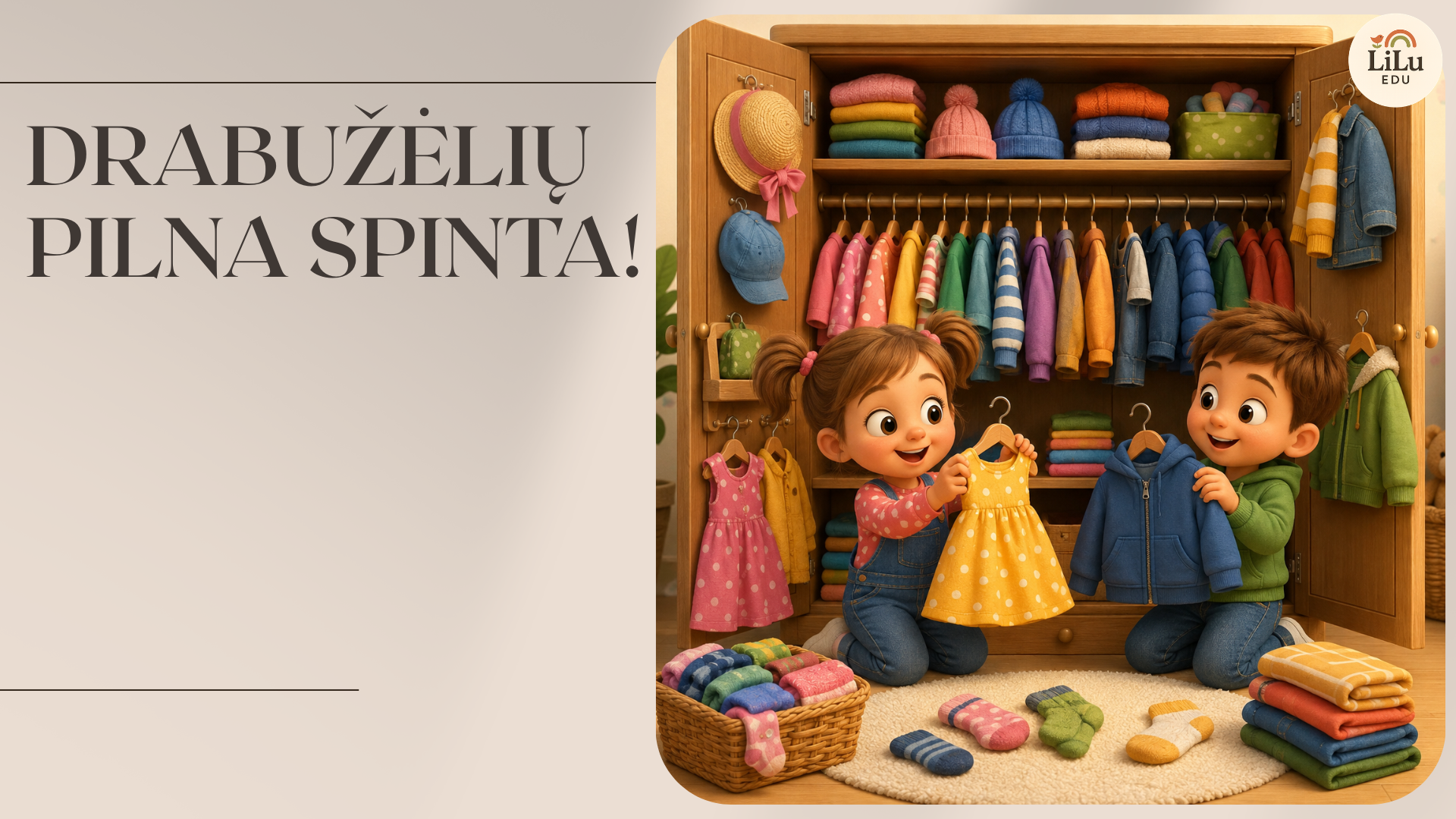 Skaidrės „Drabužėlių pilna spinta“ – žaisminga ugdomoji priemonė 3–6 metų vaikams apie drabužius, orą, rengimosi seką, spalvas ir rūšiavimą.