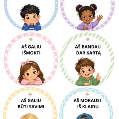 PDF priemonė „Geri žodžiai sau“ – 12 iliustruotų pozityvių teiginių kortelių vaikams prie veidrodžio.