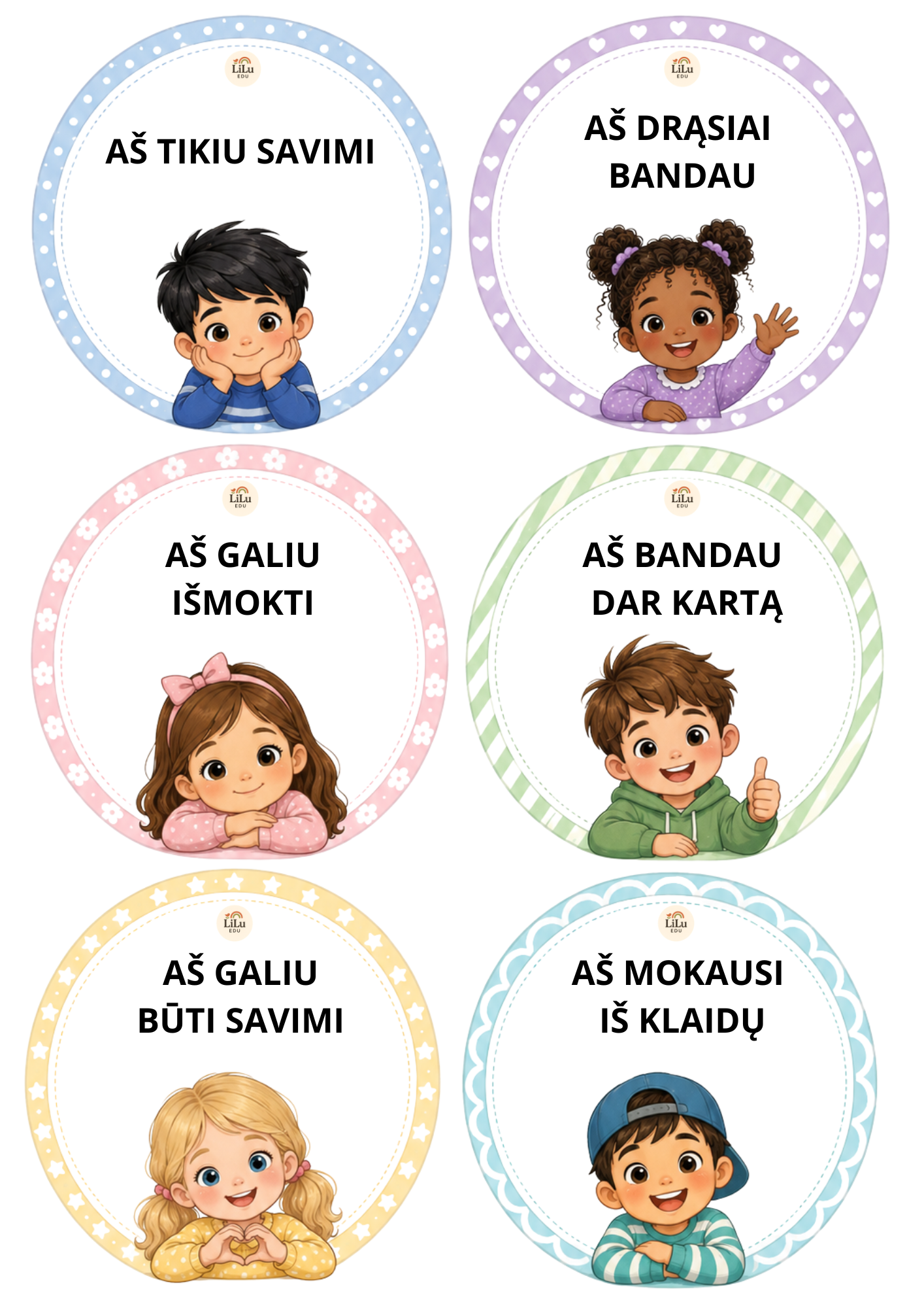 PDF priemonė „Geri žodžiai sau“ – 12 iliustruotų pozityvių teiginių kortelių vaikams prie veidrodžio.
