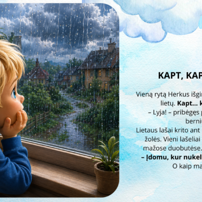Skaidrės „Ką papasakotų bala?“ – pažintinė istorija vaikams su Herkumi apie lietaus balą, atspindžius, pėdsakus, vandens judėjimą, plūduriavimą ir balos pokyčius.