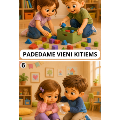 PDF priemonė „Mūsų susitarimai“ – 6 iliustruotos grupės susitarimų kortelės vaikams.