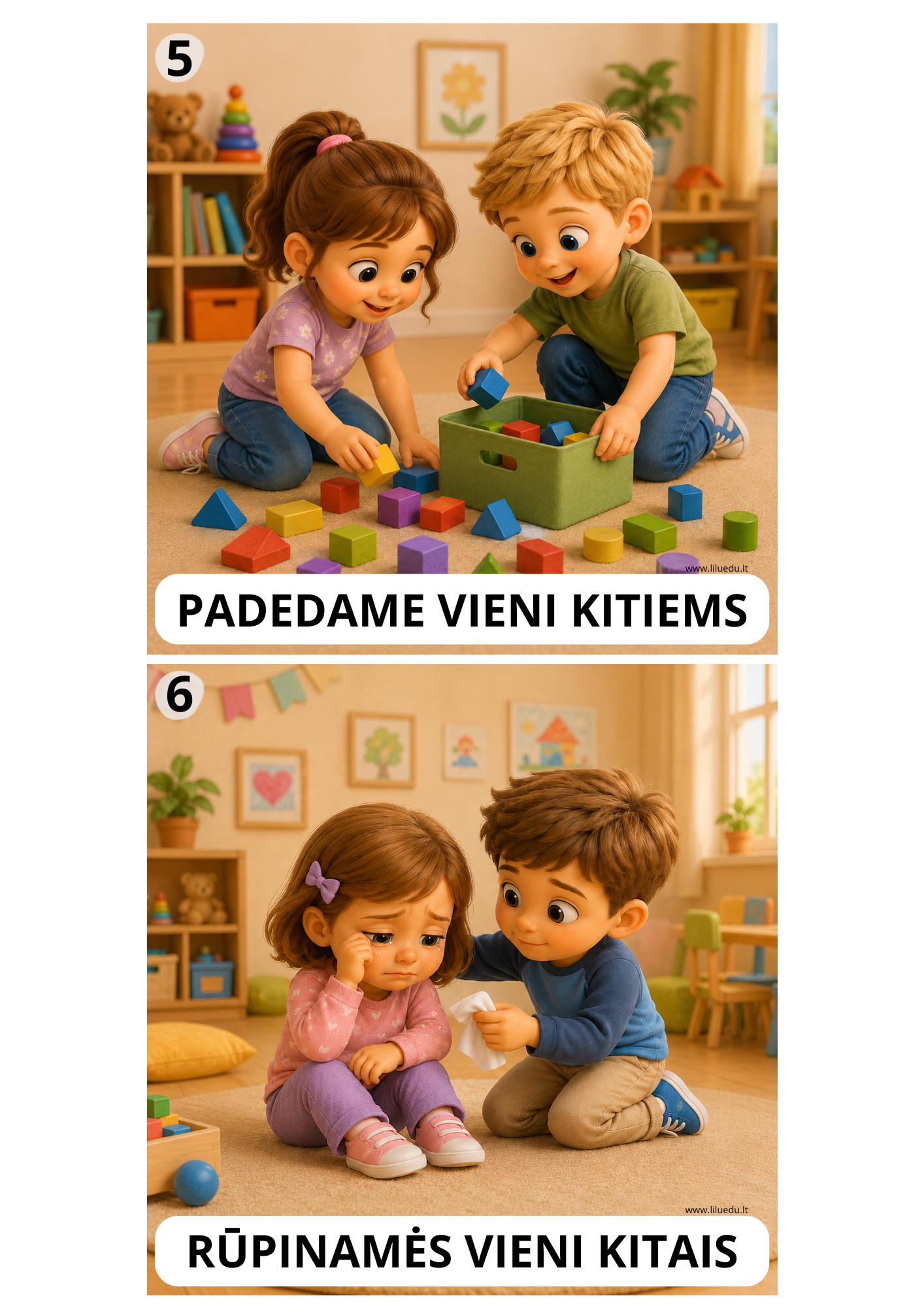 PDF priemonė „Mūsų susitarimai“ – 6 iliustruotos grupės susitarimų kortelės vaikams.