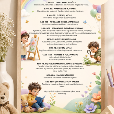 A4 formato PDF plakatas „Mūsų grupės dienos ritmas“ su darželio dienos veiklomis ir 3D vaikų iliustracijomis.
