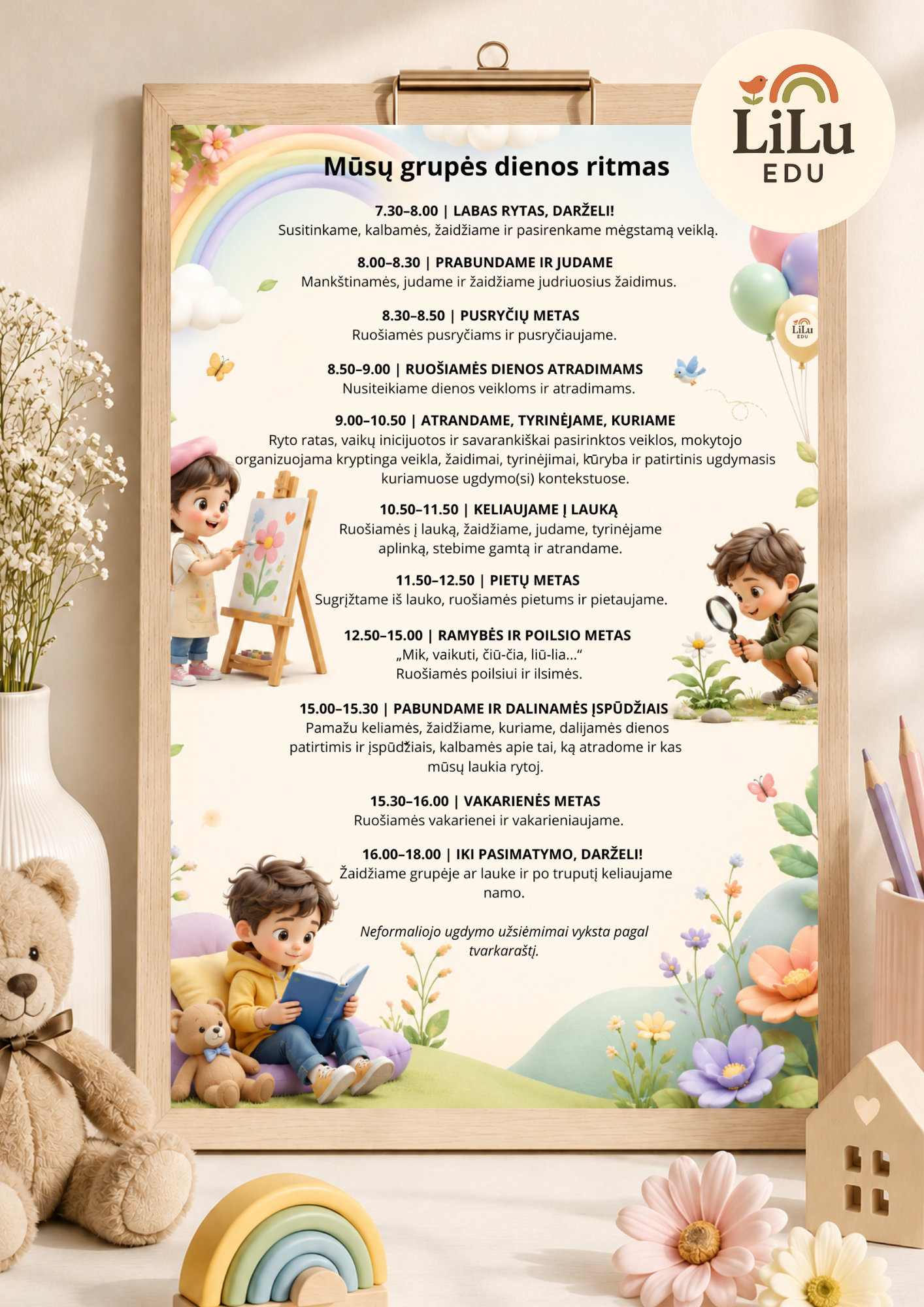 A4 formato PDF plakatas „Mūsų grupės dienos ritmas“ su darželio dienos veiklomis ir 3D vaikų iliustracijomis.