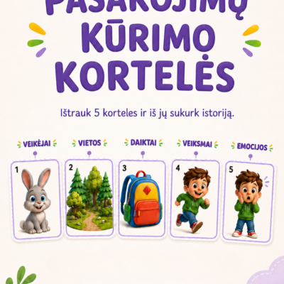 Pasakojimų kūrimo kortelės vaikams – veikėjų, vietų, daiktų, veiksmų ir emocijų kortelės istorijoms kurti.