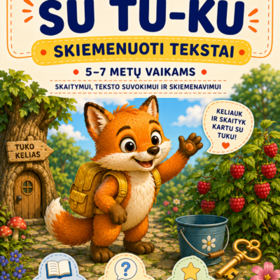 Priemonės „Skaitau su Tuku“ viršelis – skiemenuoti tekstai 5–7 metų vaikams, 24 užduotys ir 3 skaitymo lygiai.