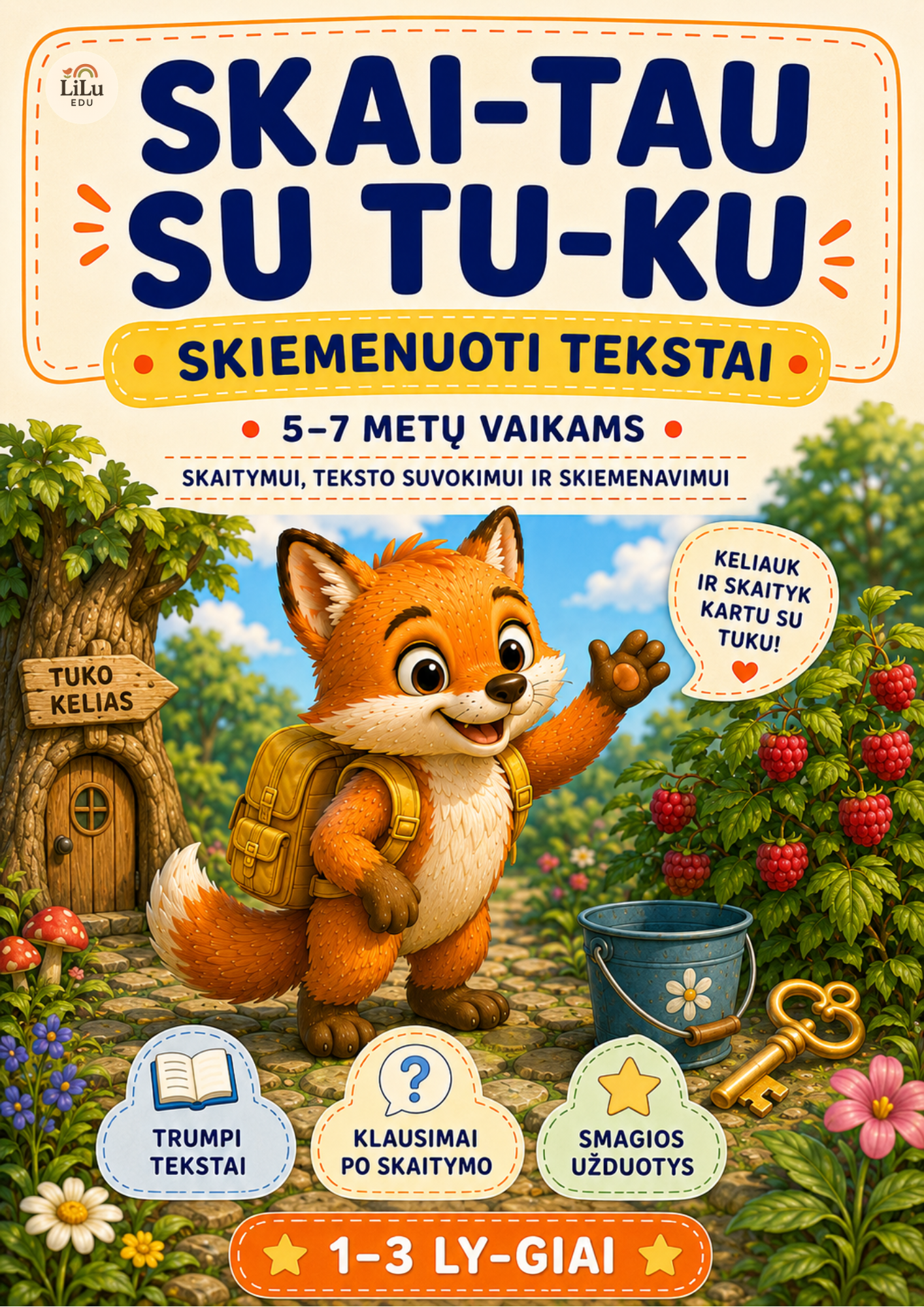 Priemonės „Skaitau su Tuku“ viršelis – skiemenuoti tekstai 5–7 metų vaikams, 24 užduotys ir 3 skaitymo lygiai.