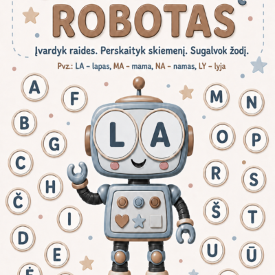 A4 formato edukacinė priemonė „Skiemenų robotas“ su keičiamomis raidžių akimis skiemenų skaitymui.