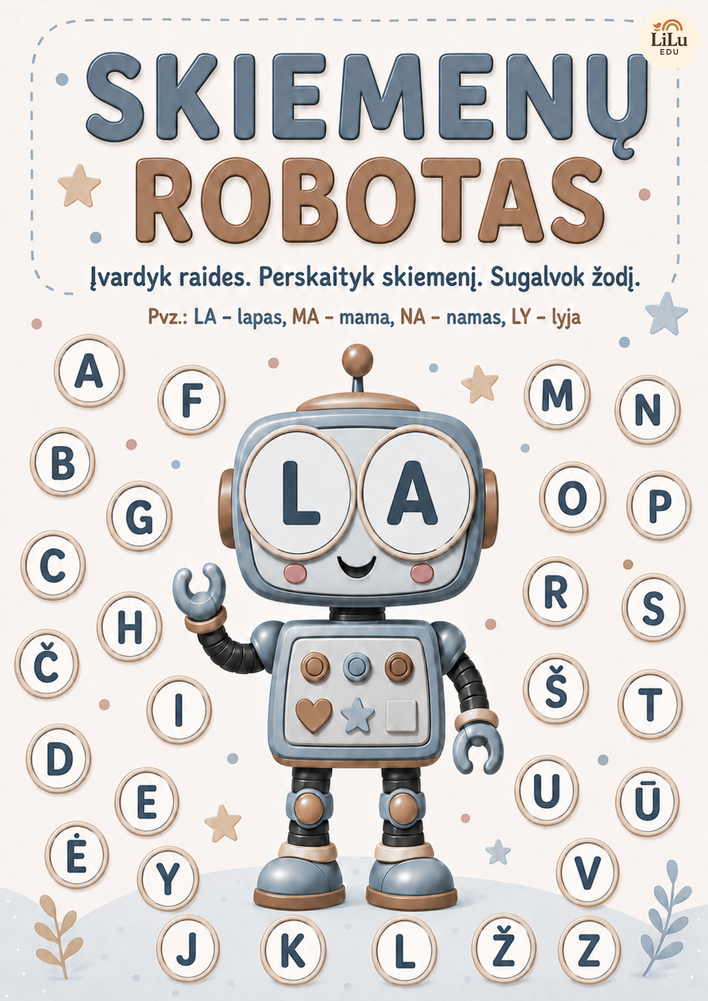 A4 formato edukacinė priemonė „Skiemenų robotas“ su keičiamomis raidžių akimis skiemenų skaitymui.