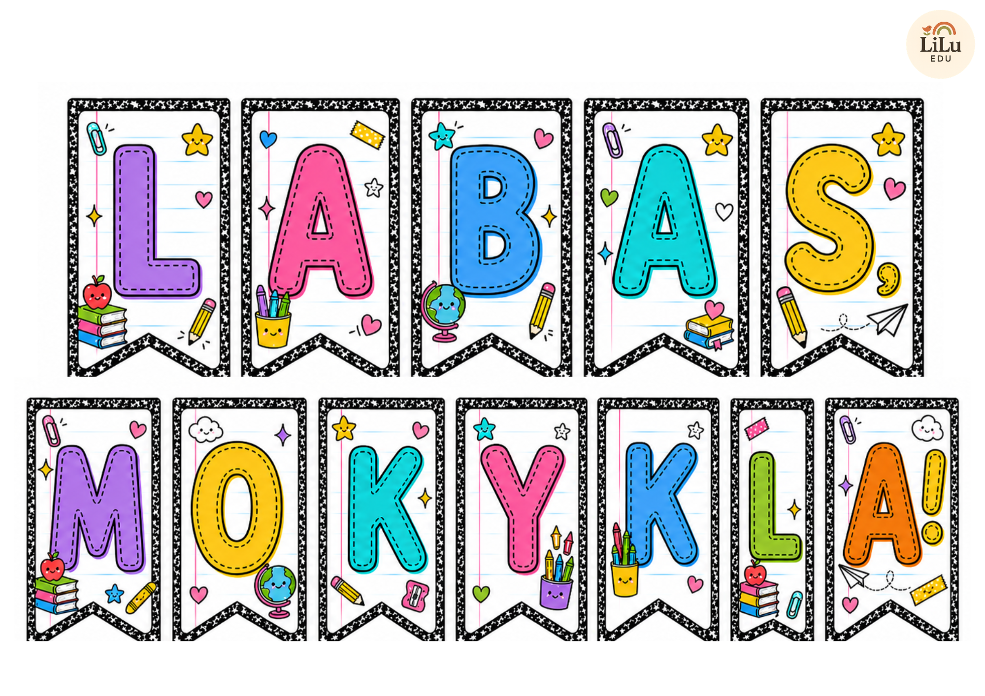 Spalvingas užrašas „LABAS, MOKYKLA!“ klasės erdvės puošybai mokslo metų pradžioje.