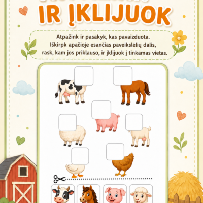 „Atpažink ir įklijuok“ – A4 užduočių rinkinys vaikams su gyvūnų ir vabzdžių paveikslėlių dalių atpažinimo, kirpimo ir klijavimo užduotimis.