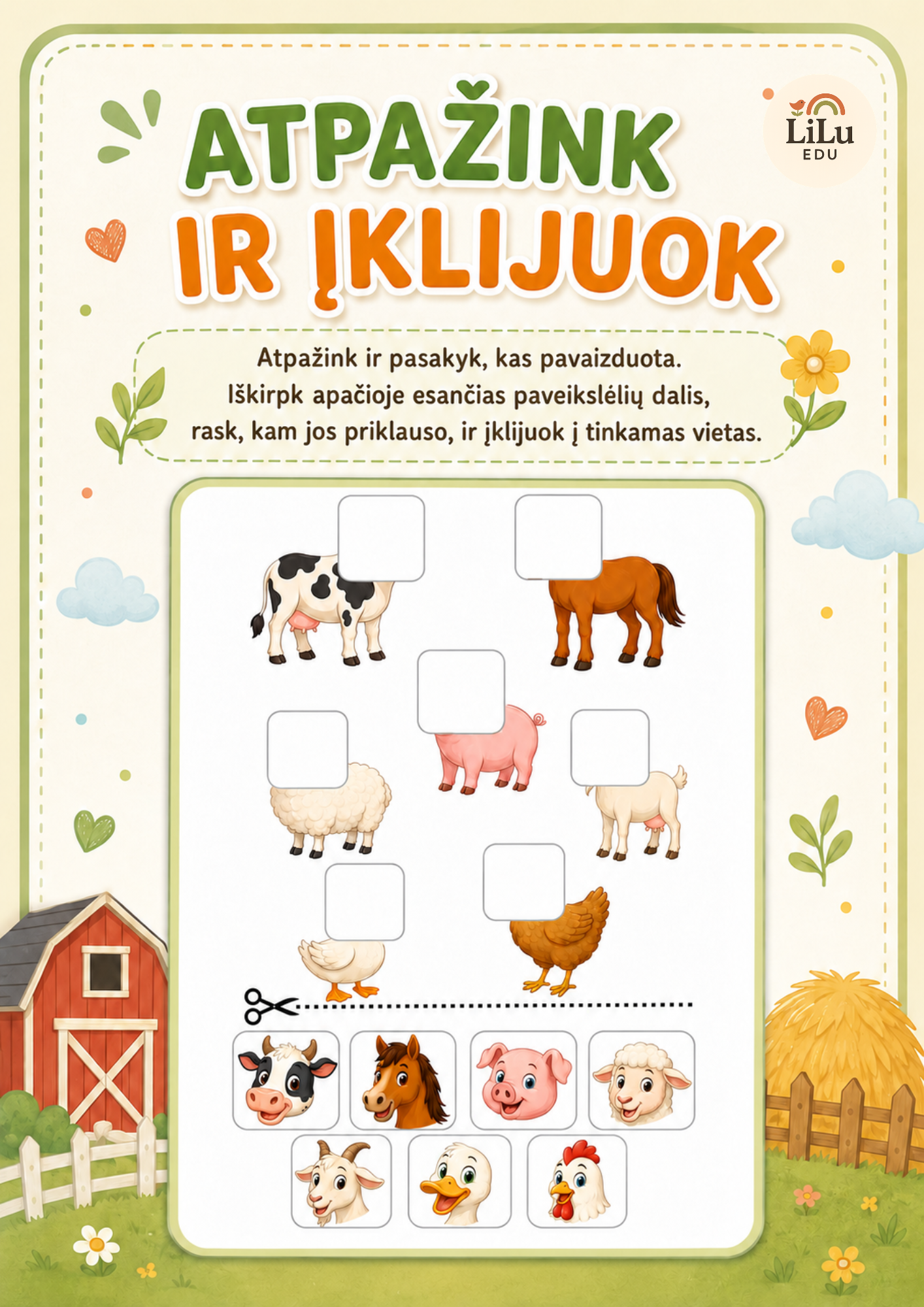„Atpažink ir įklijuok“ – A4 užduočių rinkinys vaikams su gyvūnų ir vabzdžių paveikslėlių dalių atpažinimo, kirpimo ir klijavimo užduotimis.