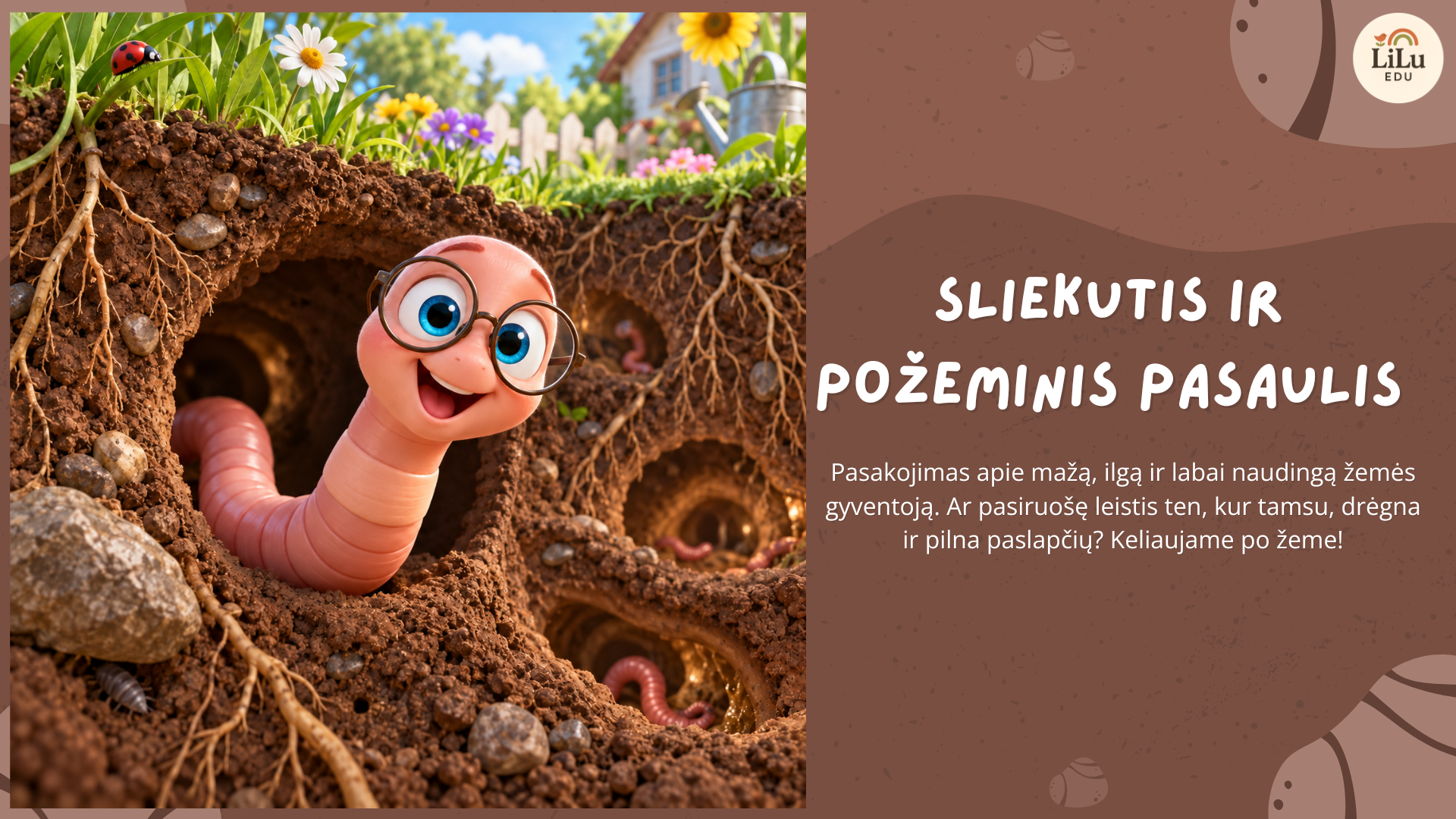 3D edukacinė iliustracija vaikams apie slieką ir požeminį pasaulį – pažintinė priemonė 4–6 metų vaikams.