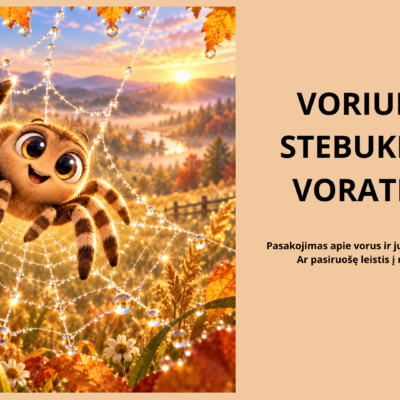 3D iliustracija vaikams apie vorą ir voratinklį – edukacinė priemonė 4–6 metų vaikams apie vorus, jų siūlą ir voratinklių pynimą.