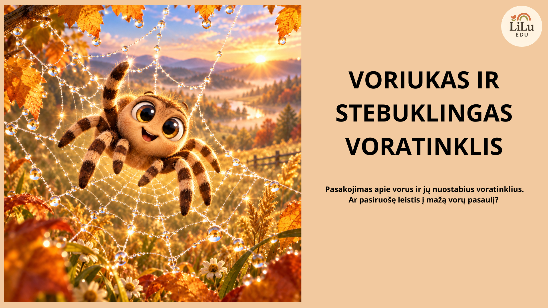 3D iliustracija vaikams apie vorą ir voratinklį – edukacinė priemonė 4–6 metų vaikams apie vorus, jų siūlą ir voratinklių pynimą.